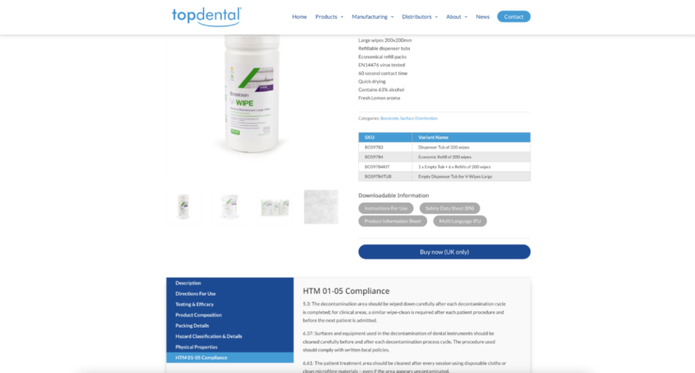 Topdental, Bossklein and HTM 0105 Topdental Infection Control Products